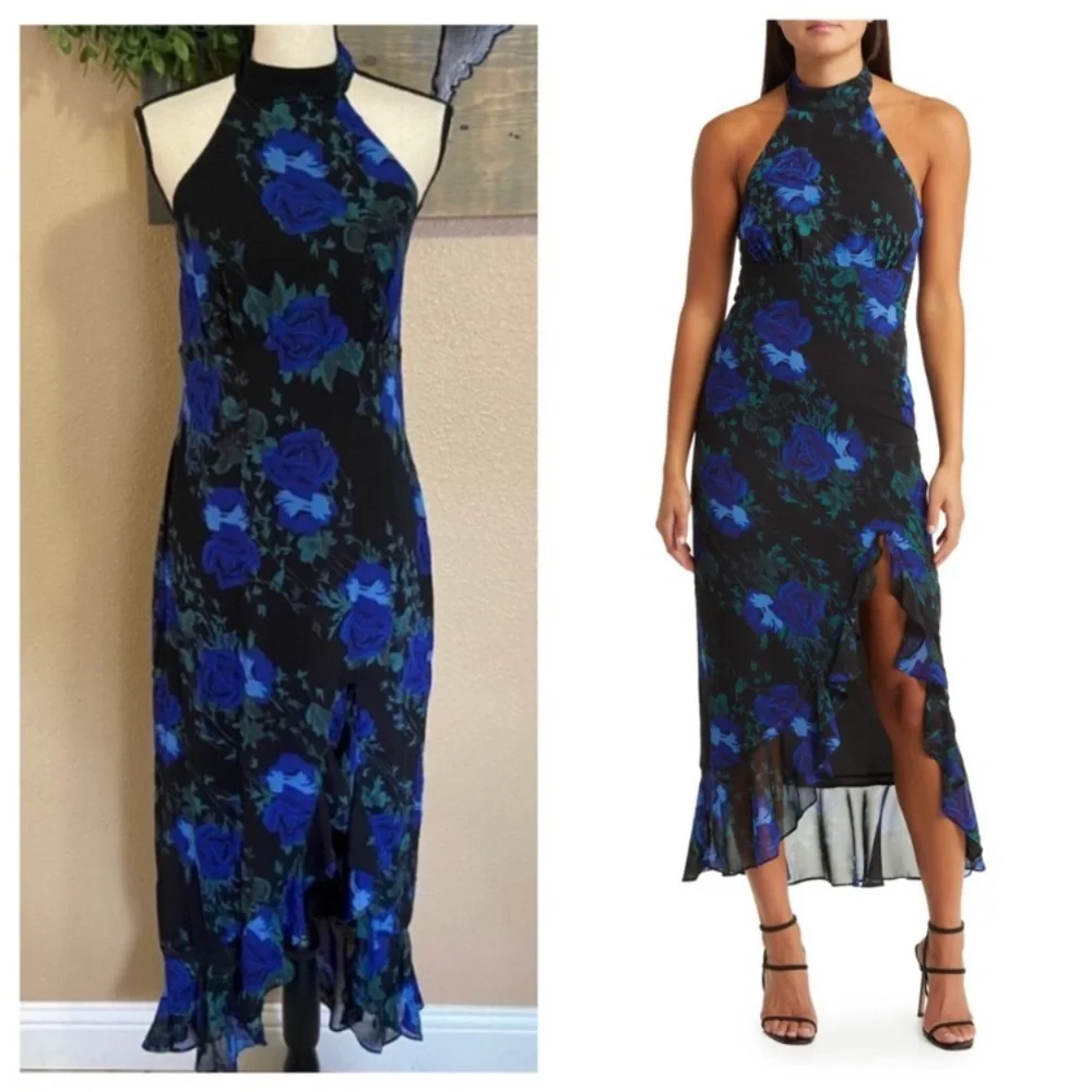 NWOT Lulus Elegant Entrance Black Floral Print Halter Maxi Dress